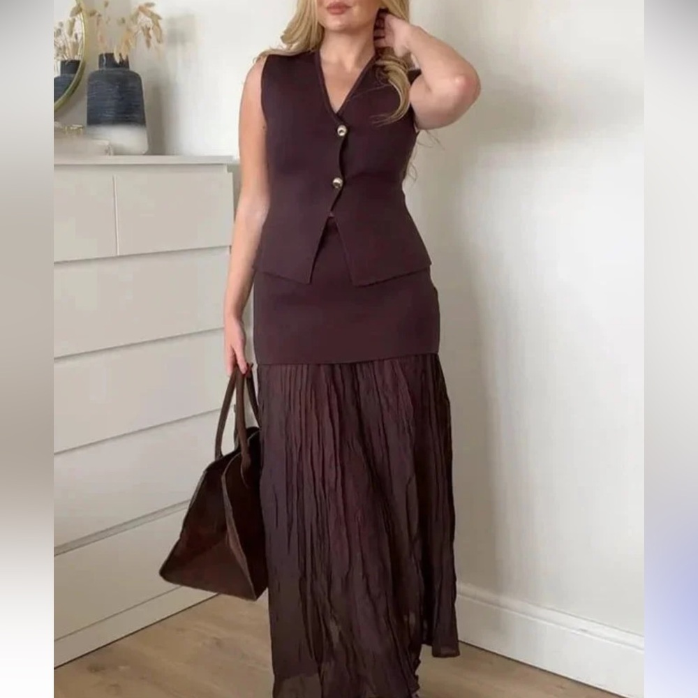 Zara NWT dark brown mixed combination midi pleated contrasting skirt - Picture 6 of 15
